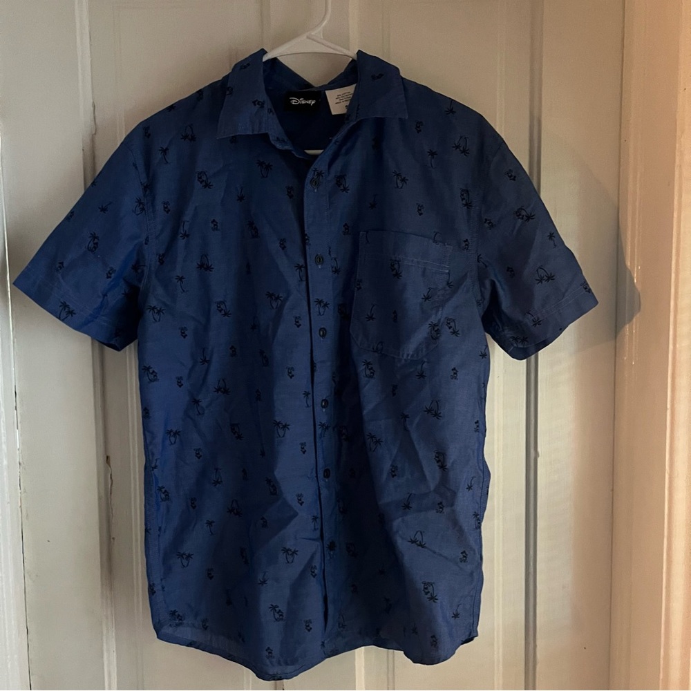 Disney Mickey Mouse Palm Tree Blue Button Up Short Sleeve Shirt Mens size small